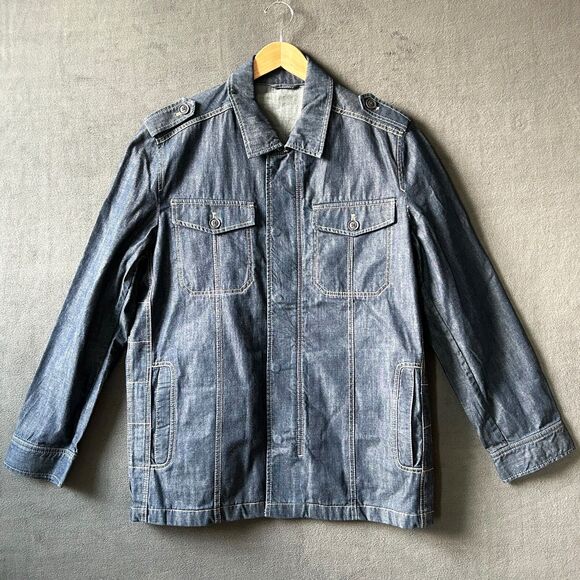 Vintage U2 Men Blue Denim Coat Snap/Zip Front Epaulettes Pockets - Men's Size EL - Picture 1 of 13